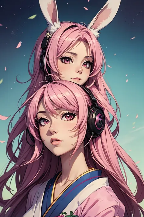 anime style, Close-up of a cartoon woman with rabbit ears and tail., has a rabbit tail, with bunny ears, girl design, time, Portrait, Geisha, anime pictures, long hair, pink hair, I cover my ears., be happy, Beautiful and powerful appearance, Exotic, high ...