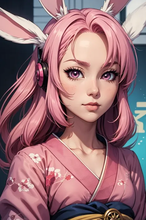 anime style, Close-up of a cartoon woman with rabbit ears and tail., has a rabbit tail, with bunny ears, girl design, time, Portrait, Geisha, anime pictures, long hair, pink hair, I cover my ears., be happy, Beautiful and powerful appearance, Exotic, high ...