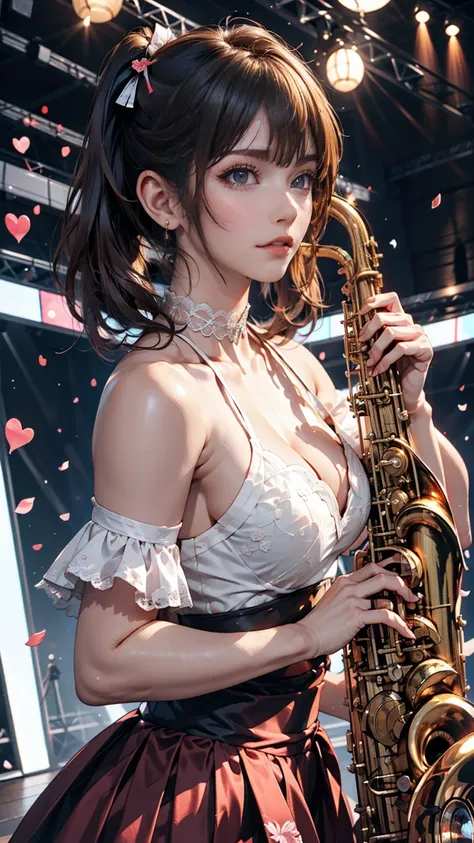 18-year-old female、Japanese Idols、Short pigtails((short twintails))、Sexy proportions、Narrow waist、Flashy stage costumes、Lace-embellished choker、Live Stage、Tenor saxophone