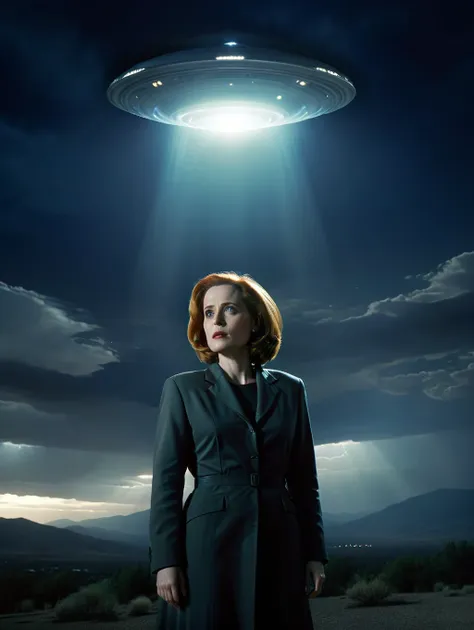 dana scully, standing in a strong and blinding light from a flying saucer from a distance, night, dark sky, dramatic light,