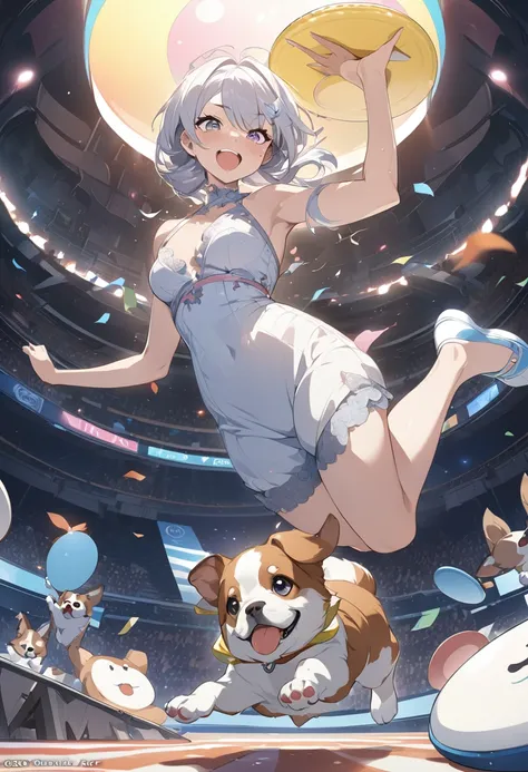 (Puppy jumping to catch a frisbee:1.2)、1 puppy、Papillon puppy、Dynamic composition、4k anime art、(Highest quality、High resolution、masterpiece)、