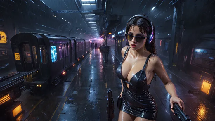 (((aerial view))), Blade Runner style futuristic railway platform, hi-tech train, neon lights, rainy night. (1girl, solo, alone), large-breast:1.2 slim body, cleavage:1.1, sexy wind blowing wet dress:1.4, headphone, (black sunglasses), (((she raised a pist...