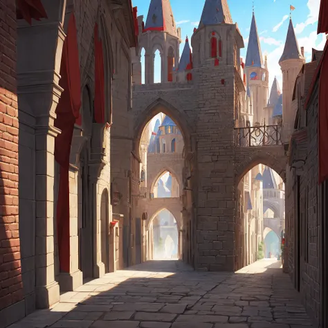 medieval fantasy capitals town  entrance at outskirts, red, white and black enigmática, secured with  Royal guards, anime Style ilustración, Creative and original , high quality, realistic , 