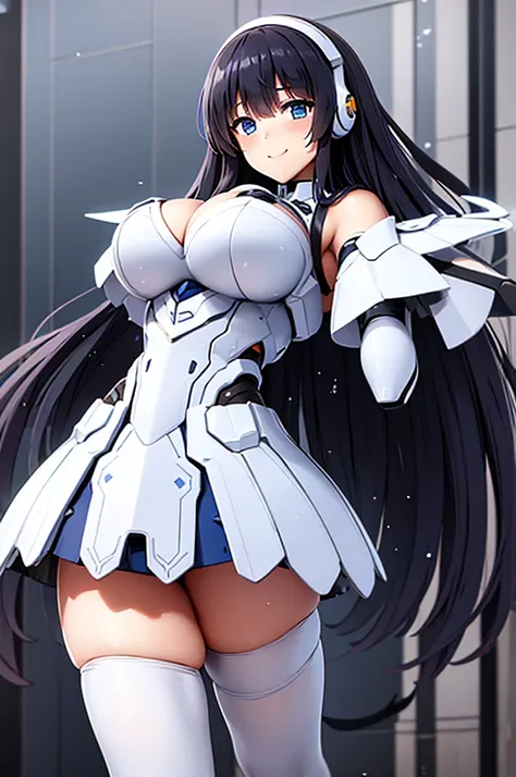 mecha wings、White and blue skirt、Accentuated thighs、White tights、chest、Beautiful black hair、1 girl、solo girl、Thick thighs、IS、Frame Arms Girl、Alice Gere Aegis、White Armor、income、headphone、hand on own chest、smile