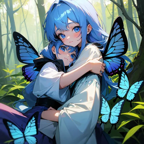 a cute 10 year old girl with beautiful blue eyes hugging her 4 year old sister who also has beautiful blue eyes in the forest with butterflies fluttering around them