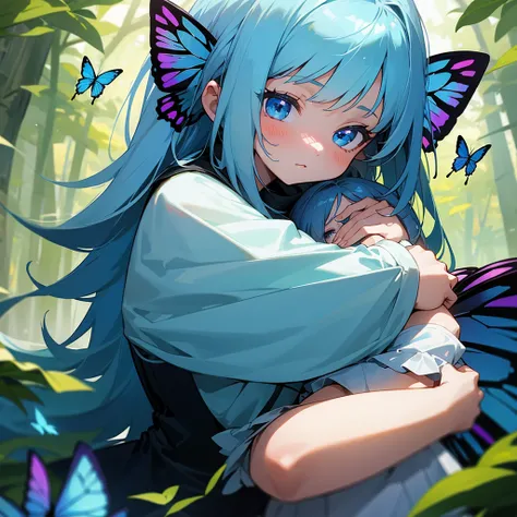 a cute 10 year old girl with beautiful blue eyes hugging her 4 year old sister who also has beautiful blue eyes in the forest with butterflies fluttering around them