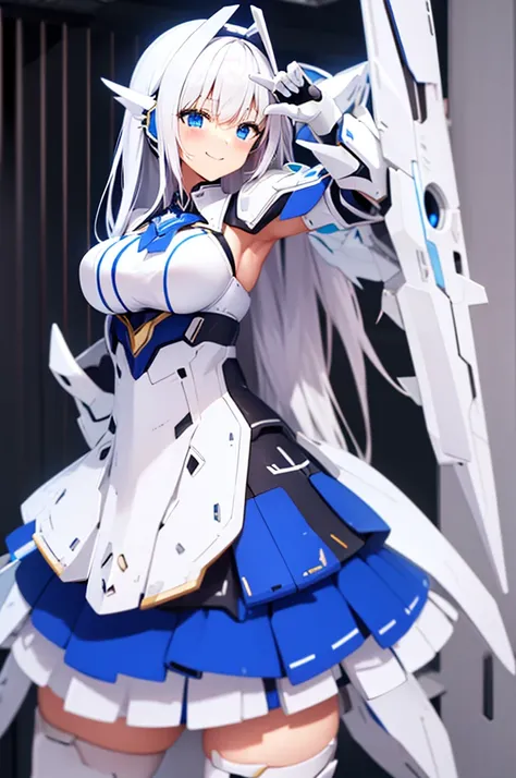 mecha wings、white and blue skirt、accentuated thighs、white tights、chest、beautiful white hair、1 girl、solo girl、thick thighs、is、fra...