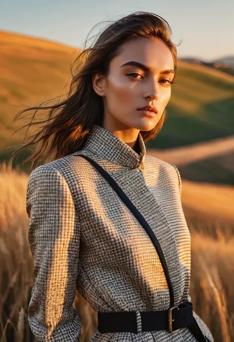 ((best quality)), ((masterpiece)), (detailed), half body shot, fashion photo shot, dynamic pose, dynamic angle, sunsetting in the background, young italian woman, wearing Dior apparel. she is looking off at the sunset, golden grass field with rocky hills a...