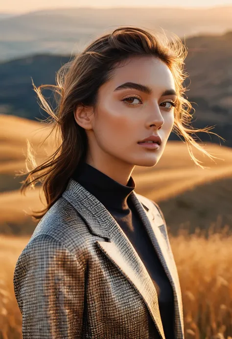 ((best quality)), ((masterpiece)), (detailed), half body shot, fashion photo shot, dynamic pose, dynamic angle, sunsetting in the background, young italian woman, wearing Dior apparel. she is looking off at the sunset, golden grass field with rocky hills a...