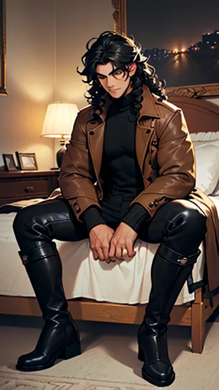 (detailed), (((normal guy))), (arab features), ((brown sheepskin jacket)), ((black curly hair loose hair)), (calm face), ((by the wide)), ((tall black boots)), (((Whole body))), ((sitting on the bed in a room)), ((male)), (black turtleneck sweater), ((only...