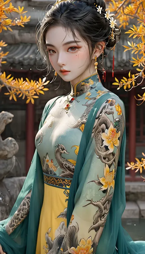 Chinese Beauty, Charming temperament, floating long dress, Clear face, beautiful eyes, Around osmanthus flowers, A masterpiece of perfect body structure proportions, Very detailed, Epic creation, Color Tattoo Art, Neo-Traditional Tattoo Art, SD tattoo desi...