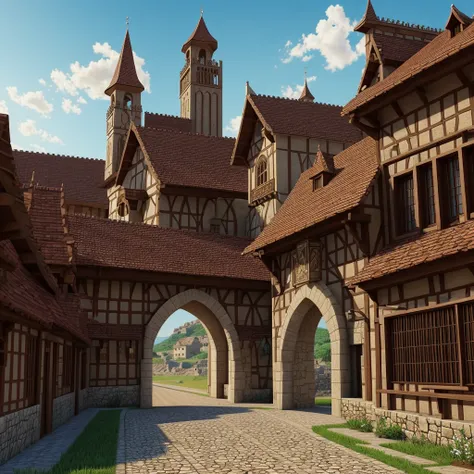 medieval fantasy capitals town  entrance at outskirts, red, white and black enigmática, secured with  Royal guards, anime Style ilustración, Creative and original , high quality, realistic , 