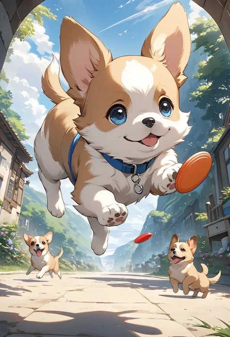 (Puppy jumping to catch a frisbee:1.2)、1 puppy、Papillon puppy、Dynamic composition、4k anime art、(Highest quality、High resolution、masterpiece)、