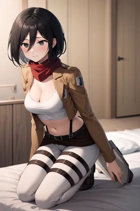 Masterpiece, best quality, high res, hmmikasa, short hair, black eyes, scarf, emblem, belt, thigh strap, red scarf, tight white pants, cropped tank top, brown blazer, cleavage, cowboy shot, medium breasts, shy face, kneeling on a bed, breasts, bare thighs,...