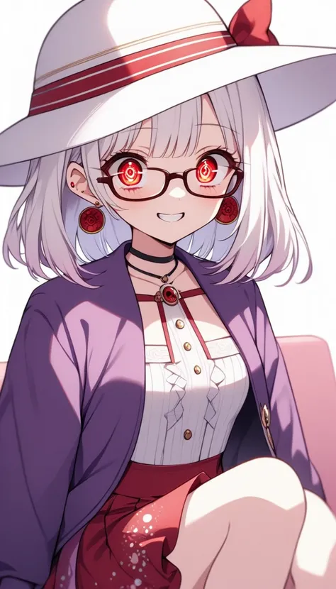 One Girl, alone, Medium Hair, View your audience, Surprised expression、panic、Bitter smile、bangs, ((PurpleのJacket)), Red pastel skirt、Red eyes,White hair in the eye、Shining beautiful eyes、((White boater hat with red ribbon))、White Jewelry, Sitting, Jacket, ...