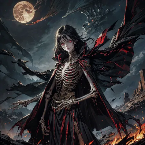 best quality, 4K, high resolution, masterpiece:1.2, Very detailed, actual:1.37, Mood lighting, An undead girl in a long cape, Whole body including hands & arms & legs & feet are all skeleton bones but except the head is still beautiful human face, Wearing ...