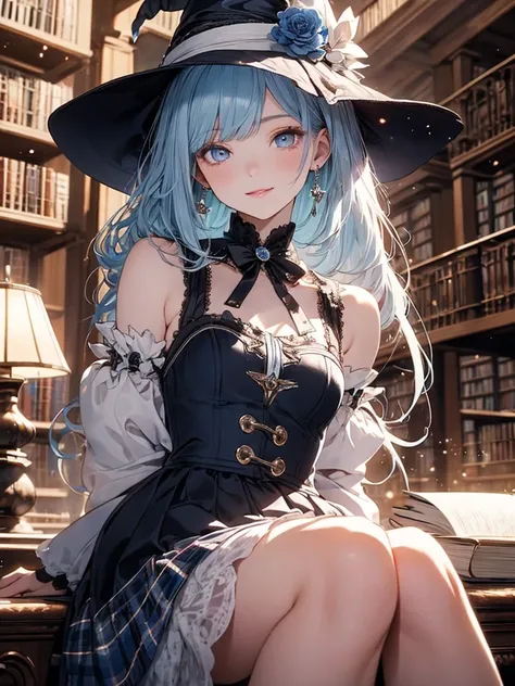 (master piece),(4k),high quality,((arms behind back)),(small breasts),((1girl)),((solo)),pastel blue hair,pale skin,smile,beautiful detailed blue eyes, (Highly detailed elegant),(witch hat with blue flower ornament),(blue girly fashion),black and blue plai...