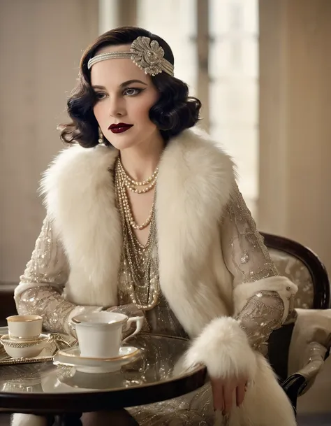 Woman wearing fashionable clothes sitting at table，Coffee on hand, The atmosphere of the 1920s, 1 9 2 0 s style, 1920s style, Roaring 20s, 1 9 2 0 s fabric style, Dressed in 1920s fashion, roaring twenties, Dystopian retro 1920s vibe, Art Deco era，wearing ...