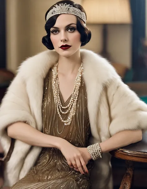 Woman wearing fashionable clothes sitting at table，Coffee on hand, The atmosphere of the 1920s, 1 9 2 0 s style, 1920s style, Roaring 20s, 1 9 2 0 s fabric style, Dressed in 1920s fashion, roaring twenties, Dystopian retro 1920s vibe, Art Deco era，wearing ...