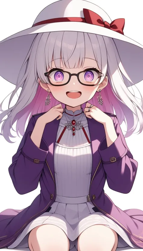 One Girl, alone, Medium Hair, View your audience, Surprised expression、panic、Bitter smile、bangs, ((PurpleのJacket)), Purpleのパステルカラーのスカート、Purpleの目,White hair in the eye、Shining beautiful eyes、((White boater hat with red ribbon))、White Jewelry, Sitting, Jacke...