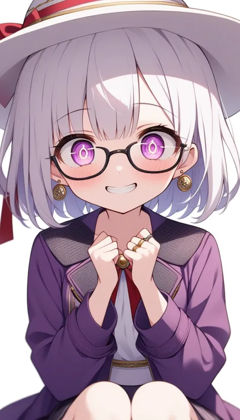 One Girl, alone, Medium Hair, View your audience, Surprised expression、panic、Bitter smile、bangs, ((PurpleのJacket)), Purpleのパステルカラーのスカート、Purpleの目,White hair in the eye、Shining beautiful eyes、((White boater hat with red ribbon))、White Jewelry, Sitting, Jacke...