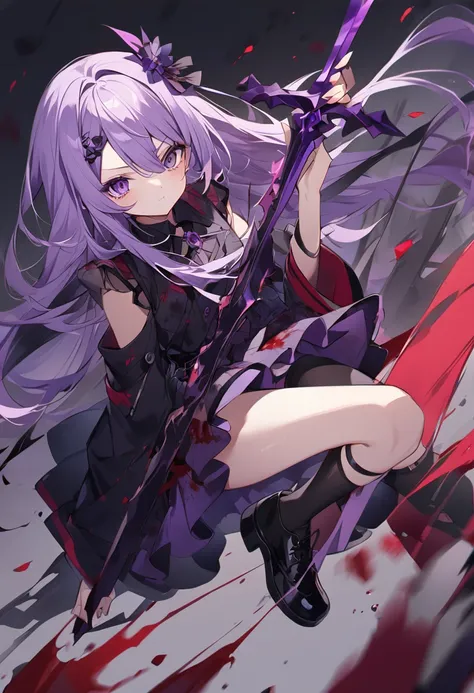 Keito。Purple Eyes。Light purple hair。Black shoes。Amethyst hair accessory。Purple Halberd。Blood splatter