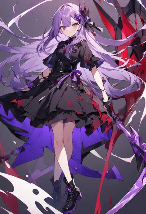 Keito。Purple Eyes。Light purple hair。Black shoes。Amethyst hair accessory。Purple Halberd。Blood splatter