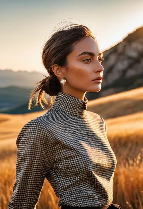 ((best quality)), ((masterpiece)), (detailed), half body shot, fashion photo shot, dynamic pose, dynamic angle, sunsetting in the background, young italian woman, wearing Dior apparel. she is looking off at the sunset, a cabin in golden grass field with ro...