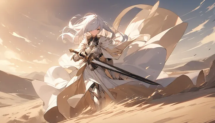 mysterious。White Hair Girl。Detailed Background。expression: 決意に満ちた真剣なexpression
ポーズ: Hold your sword in front、Costume that moves forward despite sandstorms: Light desert armor、A scene of a cloth covering the face: As the sand rises、Her hair and fabric are f...