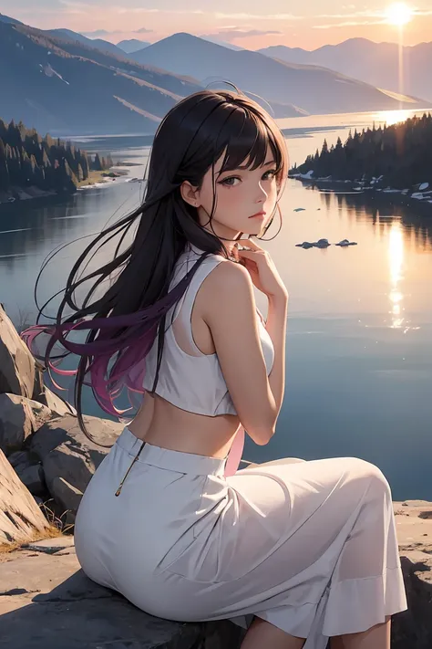 A beautiful mountain landscape during sunset, with a 25-year-old woman sitting on a rock, gazing at the scenery. She has a reflective expression, with a tear rolling down her cheek. The scene is serene, with gentle winds and soft colors. The mountains are ...