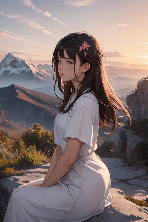 A beautiful mountain landscape during sunset, with a 25-year-old woman sitting on a rock, gazing at the scenery. She has a reflective expression, with a tear rolling down her cheek. The scene is serene, with gentle winds and soft colors. The mountains are ...