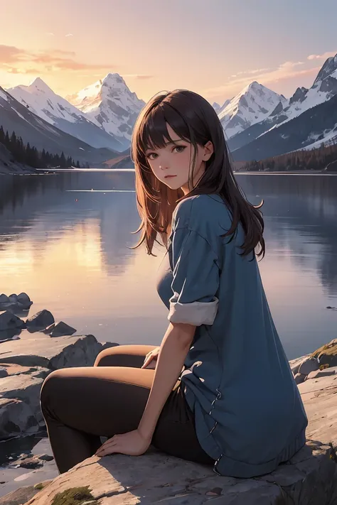 A beautiful mountain landscape during sunset, with a 25-year-old woman sitting on a rock, gazing at the scenery. She has a reflective expression, with a tear rolling down her cheek. The scene is serene, with gentle winds and soft colors. The mountains are ...