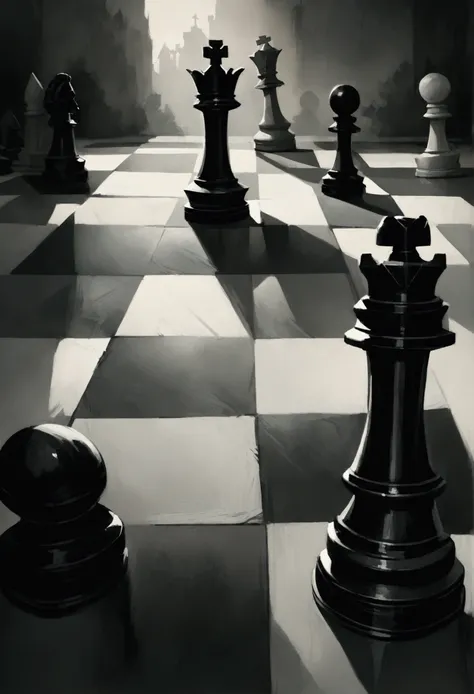 a chessboard with 3 pawns planning to take down the rook, intricate chess pieces, realistic lighting, dramatic shadows, highly detailed, cinematic composition, moody atmosphere, strategic planning, complex narrative, oil painting, muted color palette