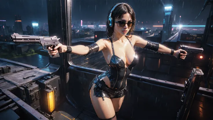 (((aerial view))), Blade Runner style futuristic railway platform, hi-tech train, neon lights, rainy night. (1girl, solo, alone), large-breast:1.2 slim body, cleavage:1.1, sexy lingerie with wet jacket, headphone, (black sunglasses), (((she raised a pistol...