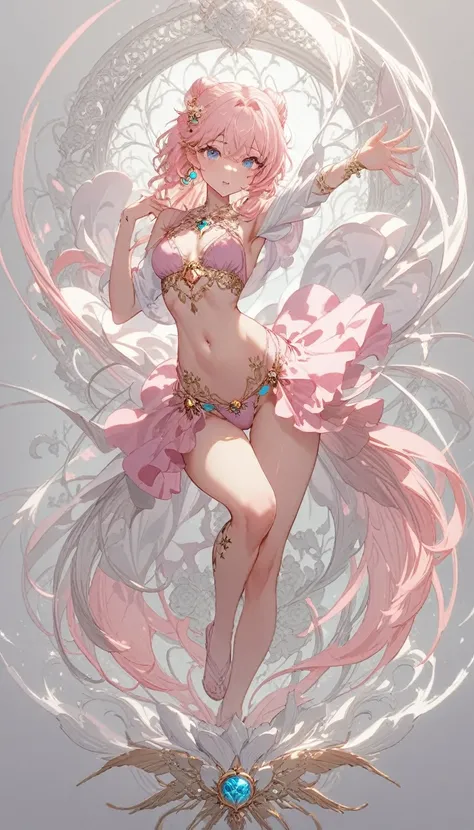 (masterpiece, Highest quality, so beautiful, Super detailed), Intricate details, vision, vision’s not just a cutie, Pink Bikini, whole body, Raise one arm.

