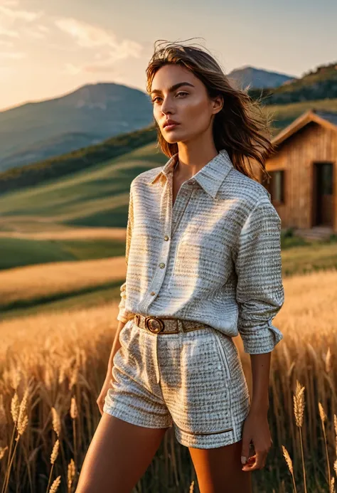 ((best quality)), ((masterpiece)), (detailed), full body shot, summer fashion photo shot, dynamic pose, dynamic angle, sunsetting in the background, young italian woman, wearing summer Dior apparel. she is looking off at the sunset, a cabin in golden grass...