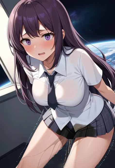 (high quality,Very detailed:1.37, High resolution), Woman, (mature:2.0), (Sakaki Yumiko:1.5), (very long hair:1.5), (straight hair:1.5) (dark purple hair:2.5), purple eyes, huge breasts, tuxedo, necktie, (pants:1.5), (wetting herself:2.0), standing, embarr...