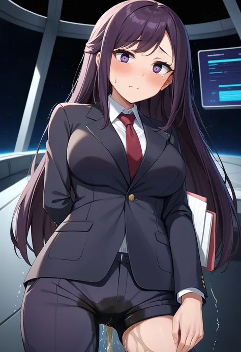 (high quality,Very detailed:1.37, High resolution), Woman, (mature:2.0), (Sakaki Yumiko:1.5), (very long hair:1.5), (straight hair:1.5) (dark purple hair:2.5), purple eyes, huge breasts, tuxedo, necktie, (pants:1.5), (wetting herself:2.0), standing, embarr...