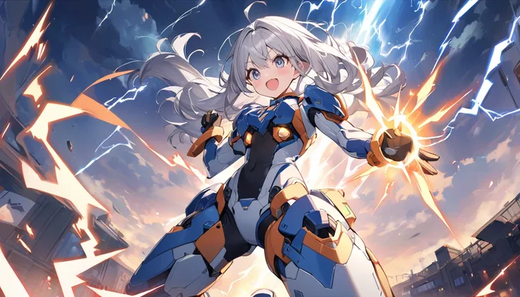 mysterious。White Hair Girl。Detailed Background。expression: Eyes wide open、集中した鋭いexpression
ポーズ: Jump into the air、Costume that shoots lightning from hands: Electric battle suit、Lightning emblem on hand: A thundering sky in the background、Lightning flashes ...