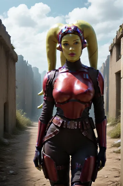 a ((fall body)) (((hera syndulla))) ((green skin )) ((female twilek ))mandalorian,walking on snow coverd ruins , ((green fire eyes )) , beautiful detailed eyes, beautiful detailed lips, extremely detailed face, long eyelashes, mandalorian armor, sci-fi, ci...