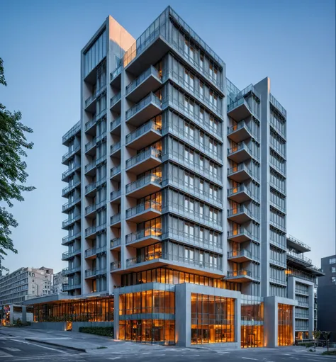 modern hotel in the style of Peter Zumthor, with grid detailing on an urban street corner, overlooking city streets. Architectural photography of an architectural masterpiece with a full building view, vivid color, natural lighting, 