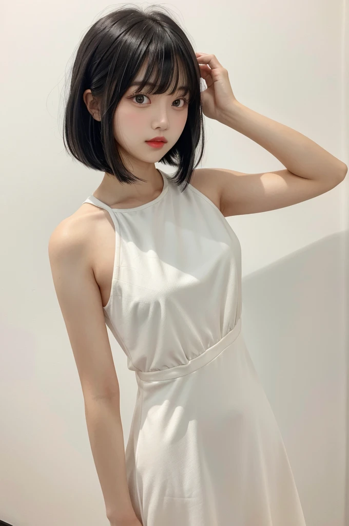 1girl,hair with bangs,black long dress,white background, (Bob Hair、whole body、Studio shot)