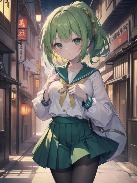 Masterpiece, illustration, super detailed, kawaii, one girl, 独奏, slender 14 year old, Japanese girl, chou chou, ribbon, nape of neck, low ponytail, cute pose in Less revealing attire, (green sailor outfit, two gold lines), large gold ribbon, priss skirt, b...