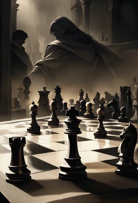 a chessboard with 3 knights planning to take down the rook, intricate chess pieces, realistic lighting, dramatic shadows, highly detailed, cinematic composition, moody atmosphere, strategic planning, complex narrative, oil painting, muted color palette