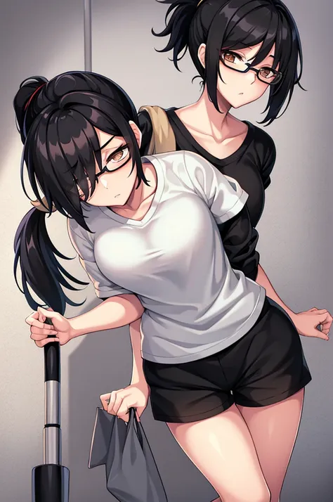 woman, hair over one eye, golden eyes, Tomboy, standing, black sweatshorts, white shirt, looking at viewer, black short hair with a ponytail, bedroom background, round glasses, bags under eyes, tired, solo, using a crutch