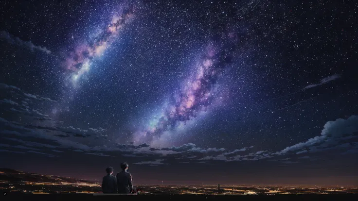 octane, Invalid, Star (Invalid), landscape, Starry Invalid, night, 1 boy, night Invalid, Solitary, outdoor, architecture, cloud, Milky Way, sit, wood, short hair、Black Hair、leather jacket, City, contour, Cityscape 