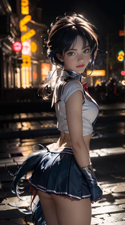 (Extreme detail CG Unity 8K wallpaper, masterpiece, highest quality), (exquisite lighting and shadow, highly dramatic picture, cinematic lens effect), (Sailor Moon: 1.1), charming smile, double tail, blue eyes, blue hair, tight top, RED gloves, mini skirt,...