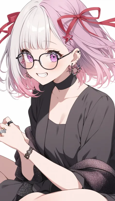 One Girl, alone, Medium Hair, View your audience, Surprised expression、panic、Bitter smile、bangs, ((Black dress code)), Purpleのパステルカラーのスカート、Purpleの目,White hair in the eye、Shining beautiful eyes、((Red ribbon hair ornament))、White Jewelry, Sitting, Jacket, wh...