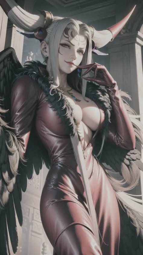 masterpiece, realistic, hyperrealistic, best quality, ultimecia, horns, red dress, plunging neckline, feather trim, black wings, facial marks, claws, upper body, smirk 