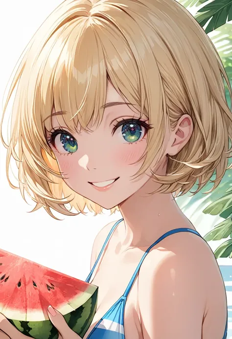 One girl, blonde short hair, wearing a swimsuit and taking Watermelon,smile,(((masterpiece))), (((best quality))), ((ultra-detailed)), (illustration), (detailed light),((an extremely delicate and beautiful)),(beautiful detailed eyes),